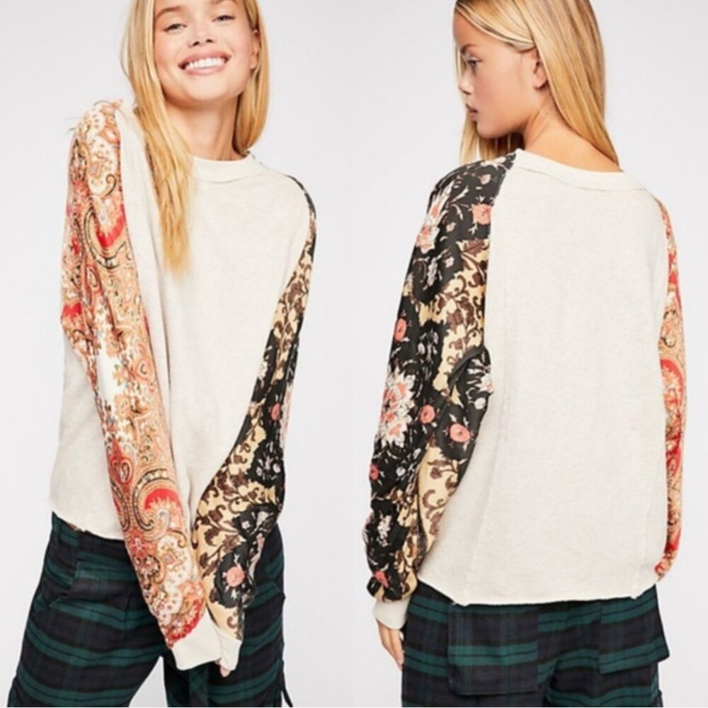 Free People Vintage Affair Pullover Sweatshirt Floral Paisley Boho Size L